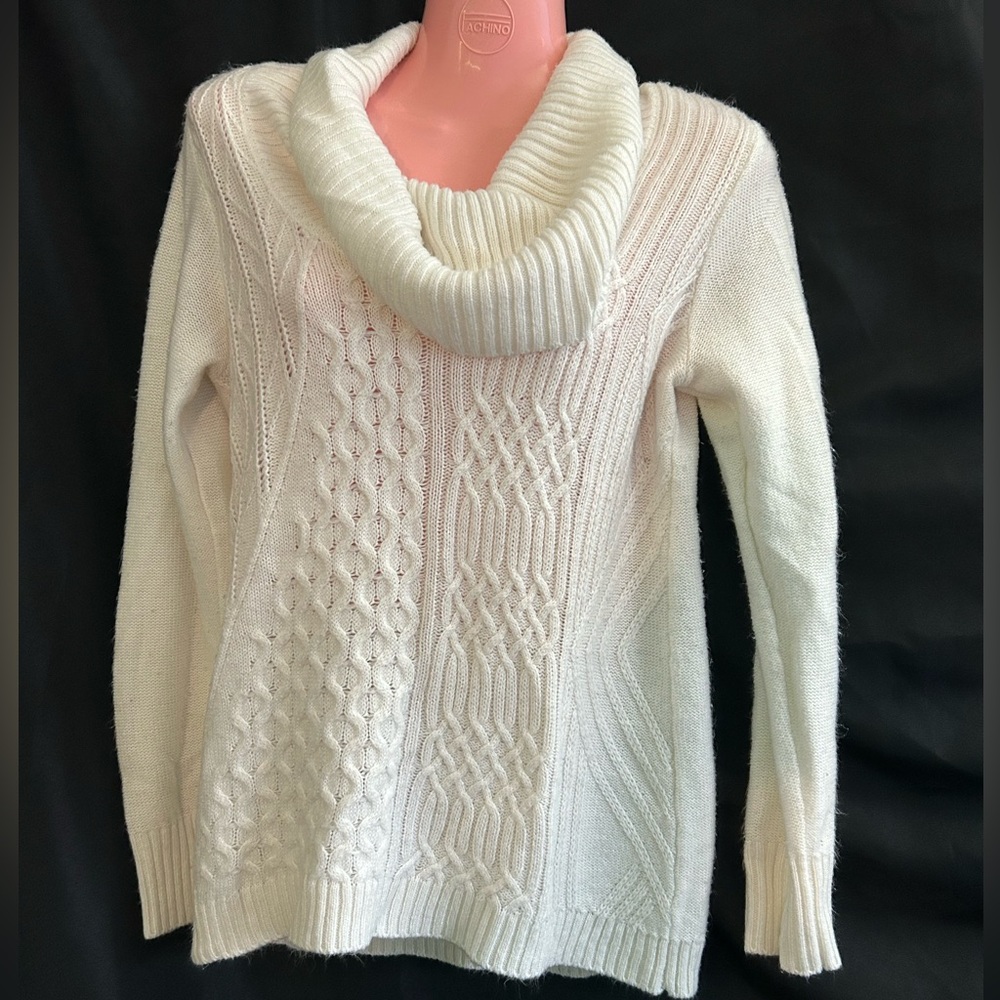 By Artisan Women's Petite Medium Cream Cable Knit Cowl Neck Lightweight Sweater